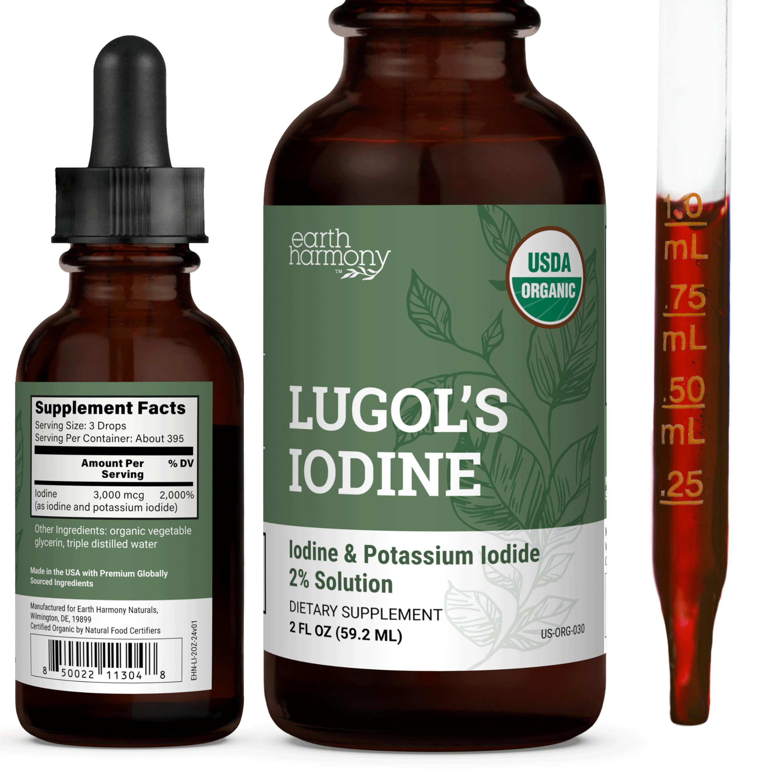 Organic Lugol's Iodine, Iodine and Potassium Iodide 2% Solution 3000 mcg - Liquid Supplement Drops for Thyroid Support for Women & Men, Metabolism Health, Detox Boost - Non-GMO, 395 Servings (2 Oz) Earth Harmony Naturals buy supplements Au