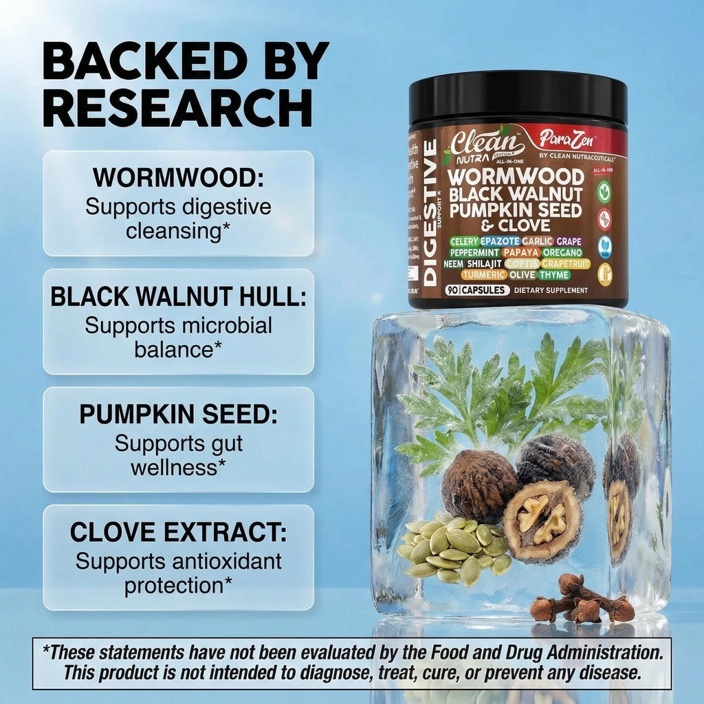 Clean Nutra Wormwood Black Walnut Pumpkin Seed Clove Oil Celery Garlic Grape Papaya Neem Diatomaceous Earth Womens Probiotic Gut Health Cleanse Detox Oregano