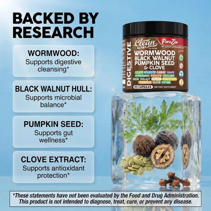 Clean Nutra Wormwood Black Walnut Pumpkin Seed Clove Oil Celery Garlic Grape Papaya Neem Diatomaceous Earth Womens Probiotic Gut Health Cleanse Detox Oregano