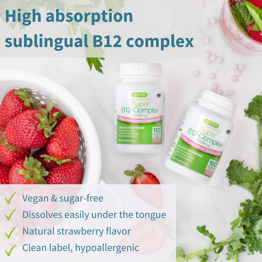 Igennus Sublingual Vitamin B12 Complex 1000mcg, Methylated Methylcobalamin, Adenosylcobalamin & Hydroxocobalamin, High Absorption & Clean,