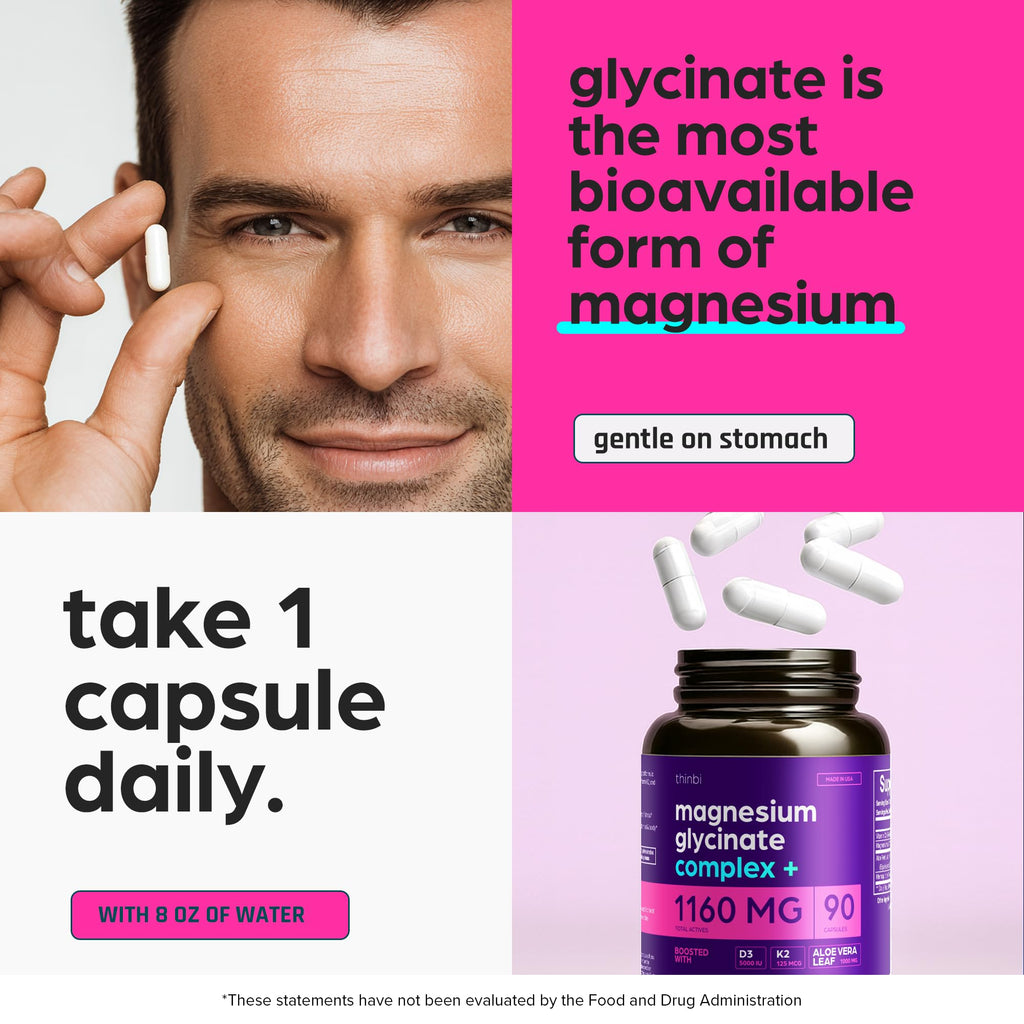Magnesium Glycinate 1160mg + Aloe Vera, D3 & K2 Complex 90 Capsules - High Absorption, Non-Laxative - Supports, Muscle Function & Healthy Metabolism Chelated Formula ThinbiBuy Supplements Australia