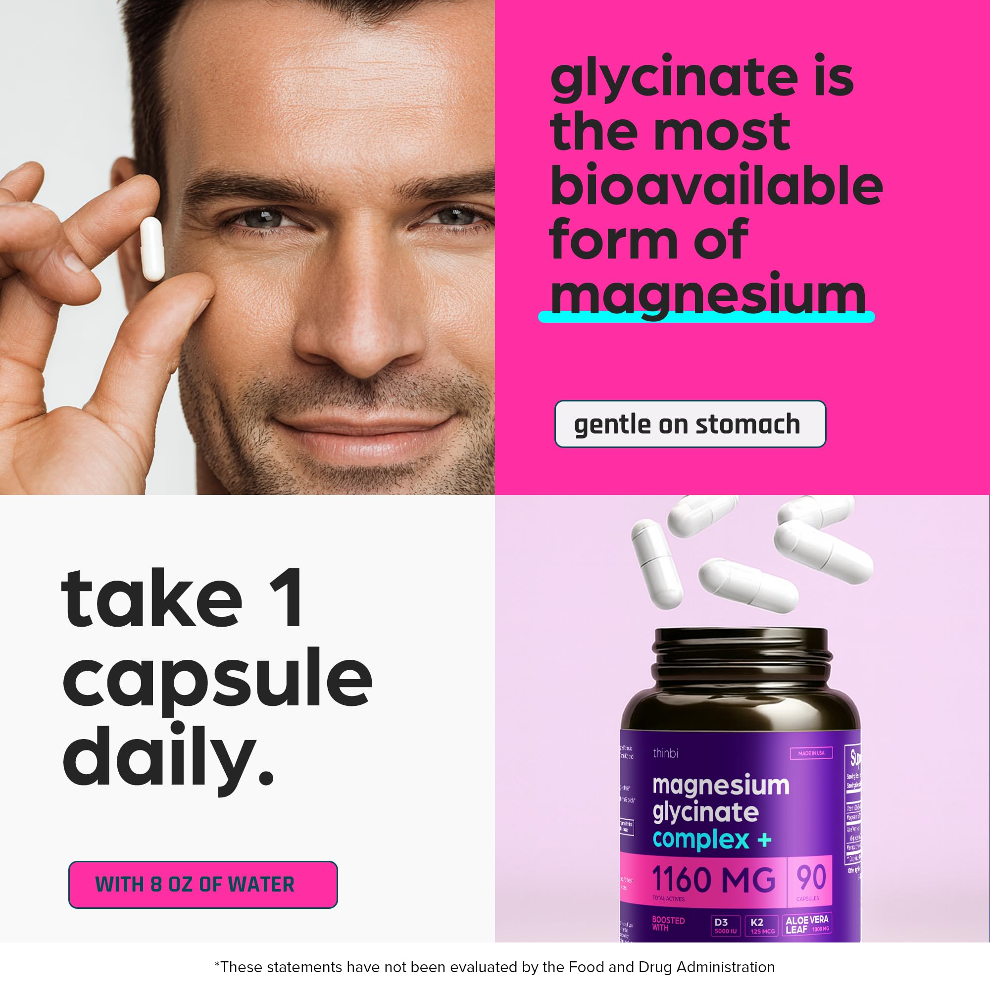 Magnesium Glycinate 1160mg + Aloe Vera, D3 & K2 Complex 90 Capsules - High Absorption, Non-Laxative - Supports, Muscle Function & Healthy Metabolism Chelated Formula ThinbiBuy Supplements Australia
