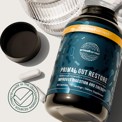 Primal Harvest Restore for Gut Health, Primal Gut Restore w/POSTbiotics, PREbiotics and PRObiotics for Women and Men, 60 CT - Digestion, Colon Cleanse,