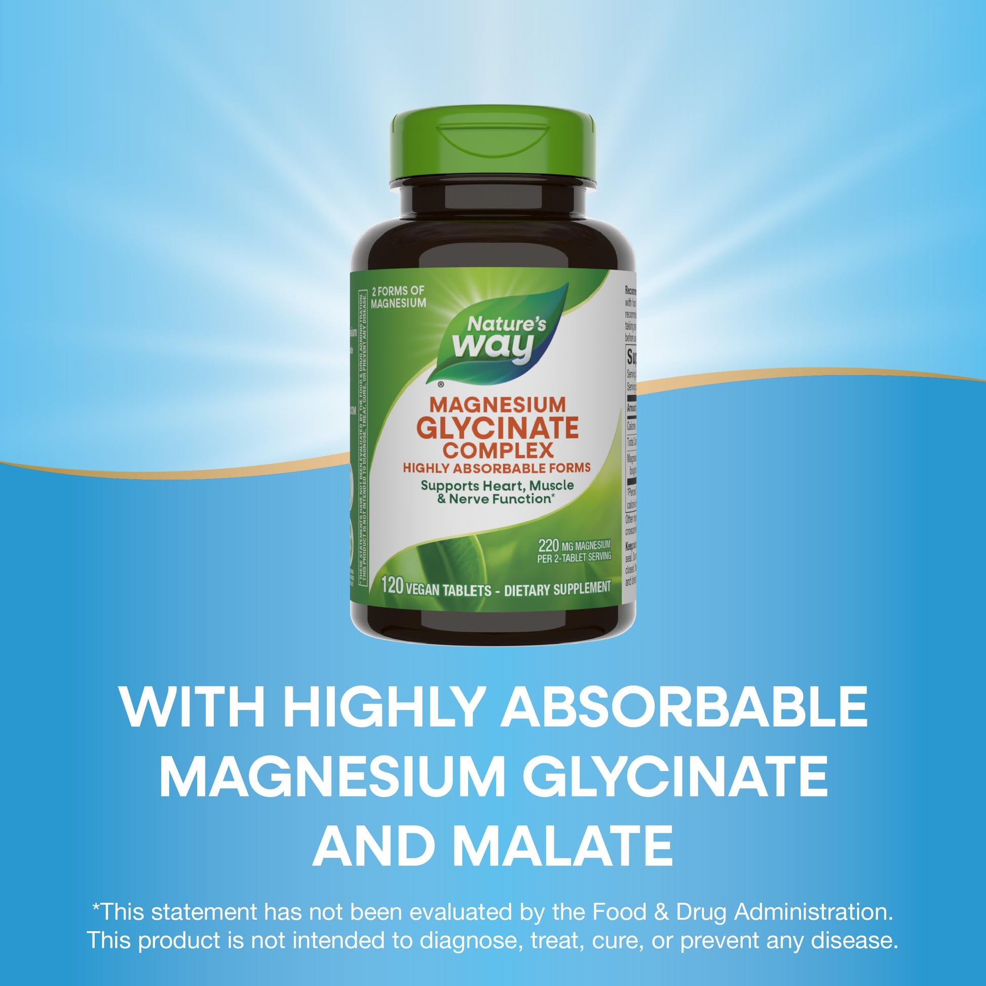 Nature's Way Magnesium Glycinate Complex, Supports Heart, Muscle, Nerve Function*, Highly Absorbable, 220 mg per 2-Tablet Serving, No Gluten, Vegan, 120 Tablets Nature's Way buy supplements Au