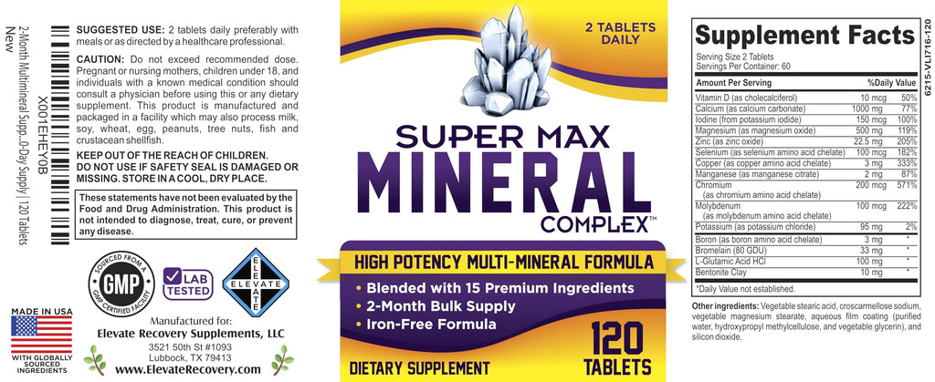 2-Month Multimineral Supplement Support Iron-Free Formula | Daily Multiminerals | Multi-Mineral Supplements | Minerals Complex | 60-Day Bulk Supply | 120 Tablets
