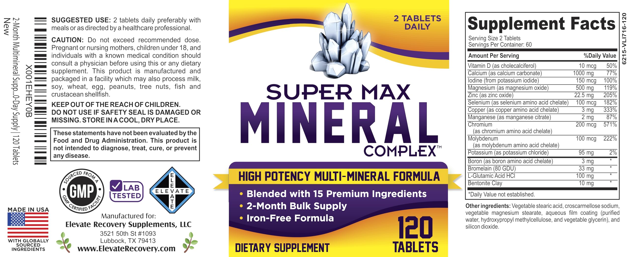 2-Month Multimineral Supplement Support Iron-Free Formula | Daily Multiminerals | Multi-Mineral Supplements | Minerals Complex | 60-Day Bulk Supply | 120 Tablets