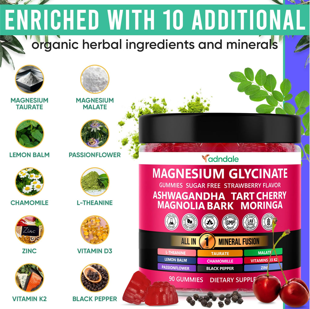 Adndale Magnesium Glycinate 400 mg Gummies with Ashwagandha, Magnesium Malate & Taurate, Tart Cherry, Magnolia Bark, Lemon Balm, Passionflower