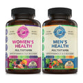 Two bottles of multivitamins for women and men on a white background