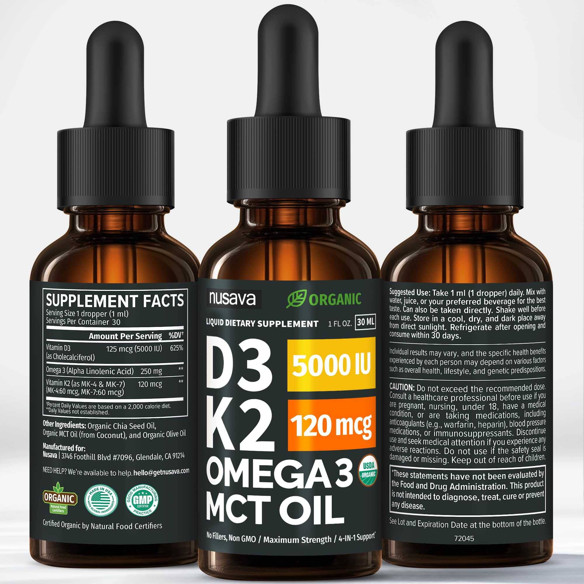 (2 Pack) Organic Vitamin D3 K2 Drops with MCT Oil Omega 3, 5000 IU — Liquid D3, No Fillers, Non-GMO, Immune Support (Unflavored, 2 Fl Oz) NUSAVA buy supplements Au