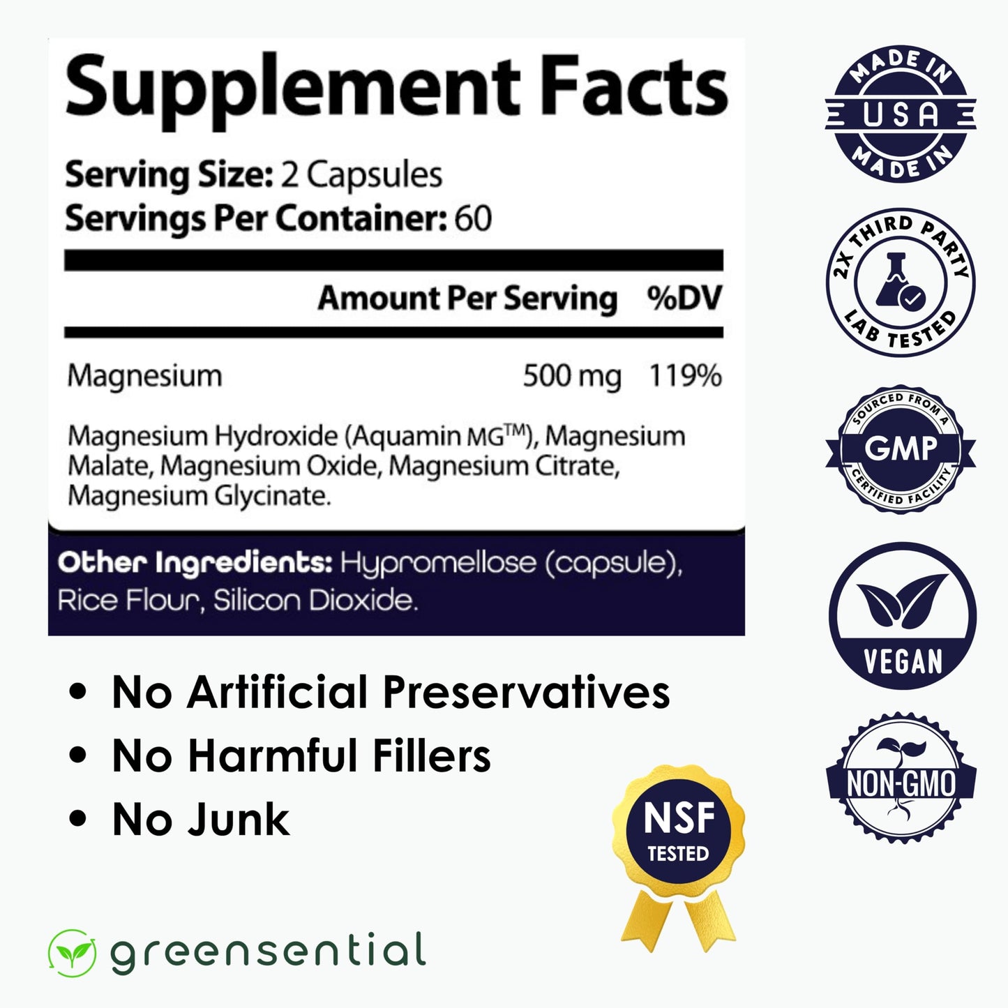 Greensential 5-in-1 Magnesium Complex 500mg | Glycinate, Malate, Citrate, Oxide & Aquamin® | for Sleep, Muscle & Heart Support | High Absorption, Vegan, 120 Capsules Greensential buy supplements Au