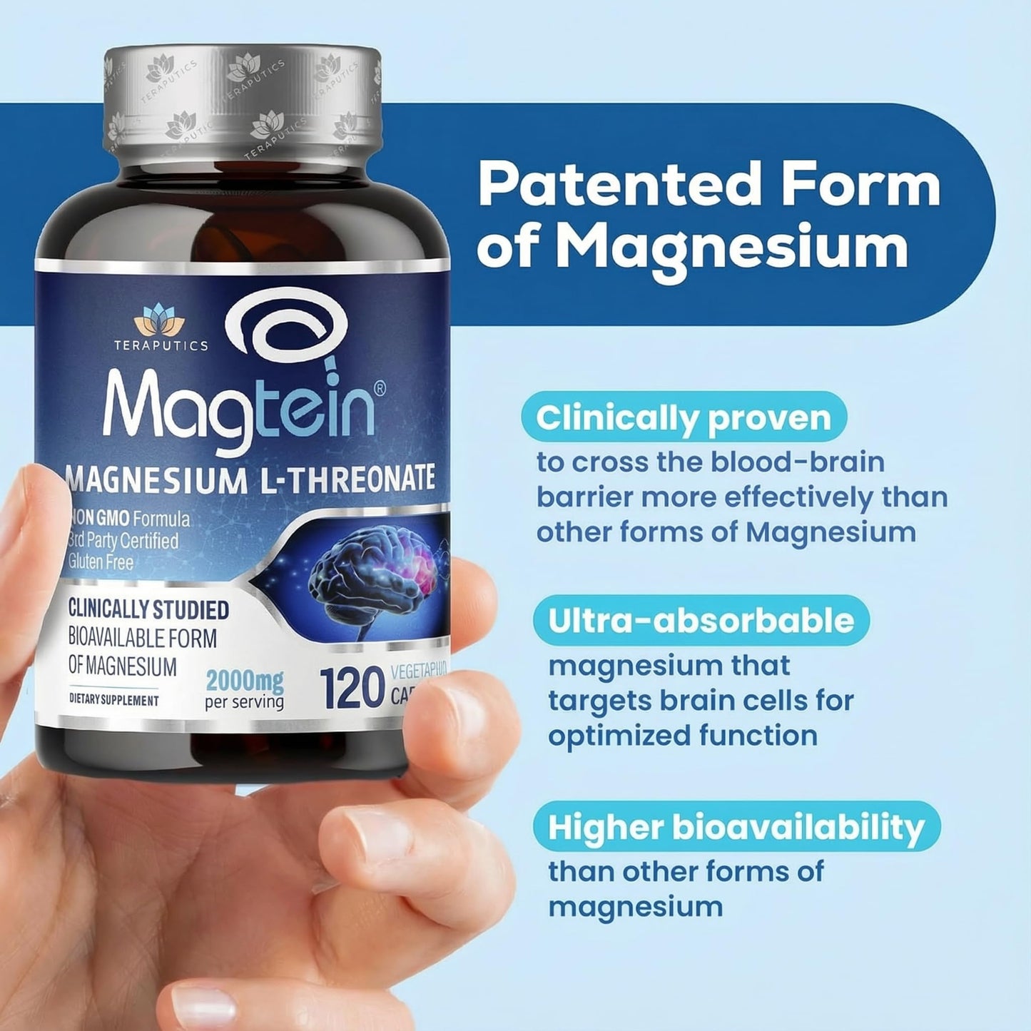 Magnesium L Threonate, Magtein, Brain Supplement for Memory, Focus, Sleep and Cognitive Support, High Absorption Magnesium L-Threonate, Non-GMO