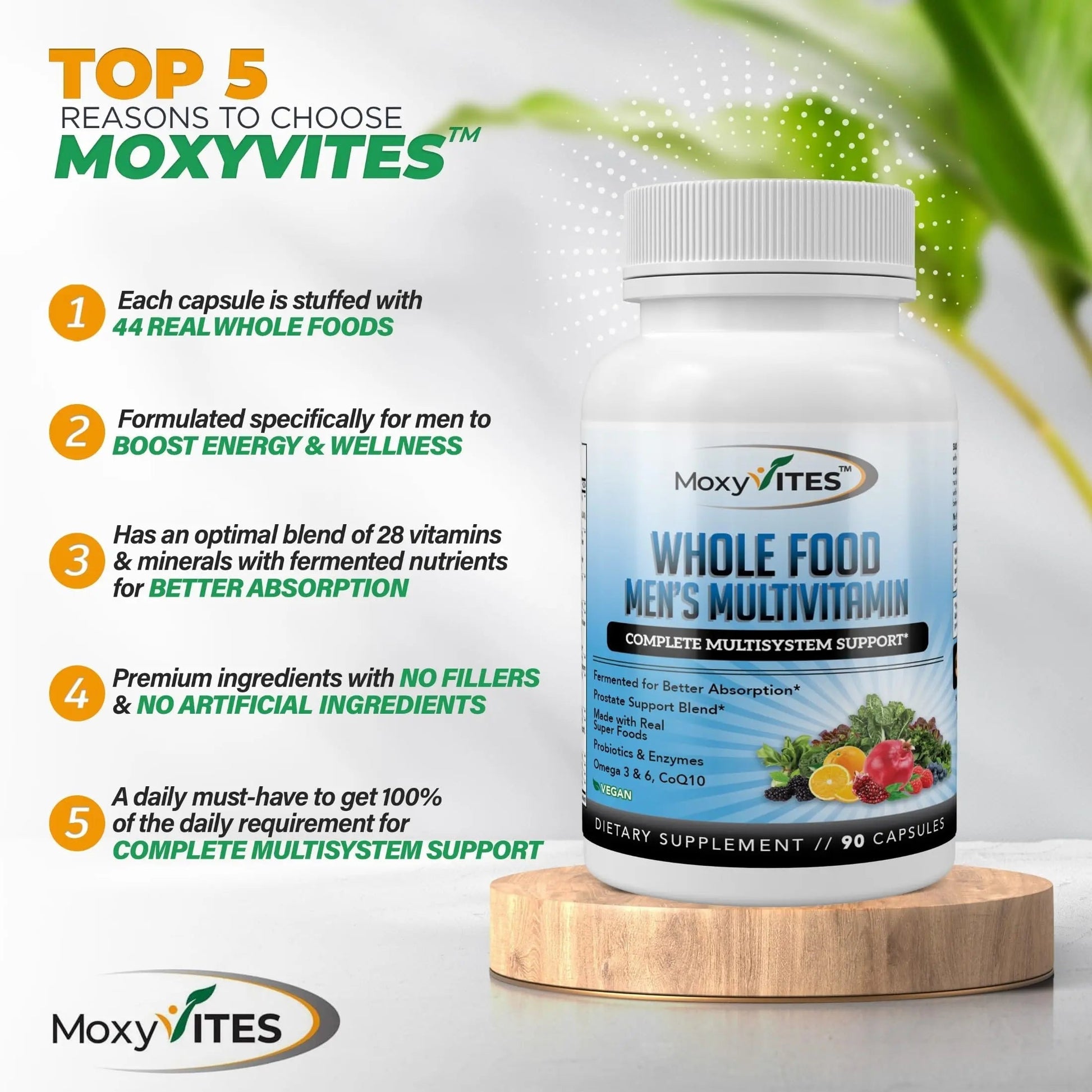 Methylated Mens Multivitamins - Daily Mens Vitamins with 44 Organic Whole Food - Multivitamin for Men with Iron & Fermented Nutrients MoxyVites