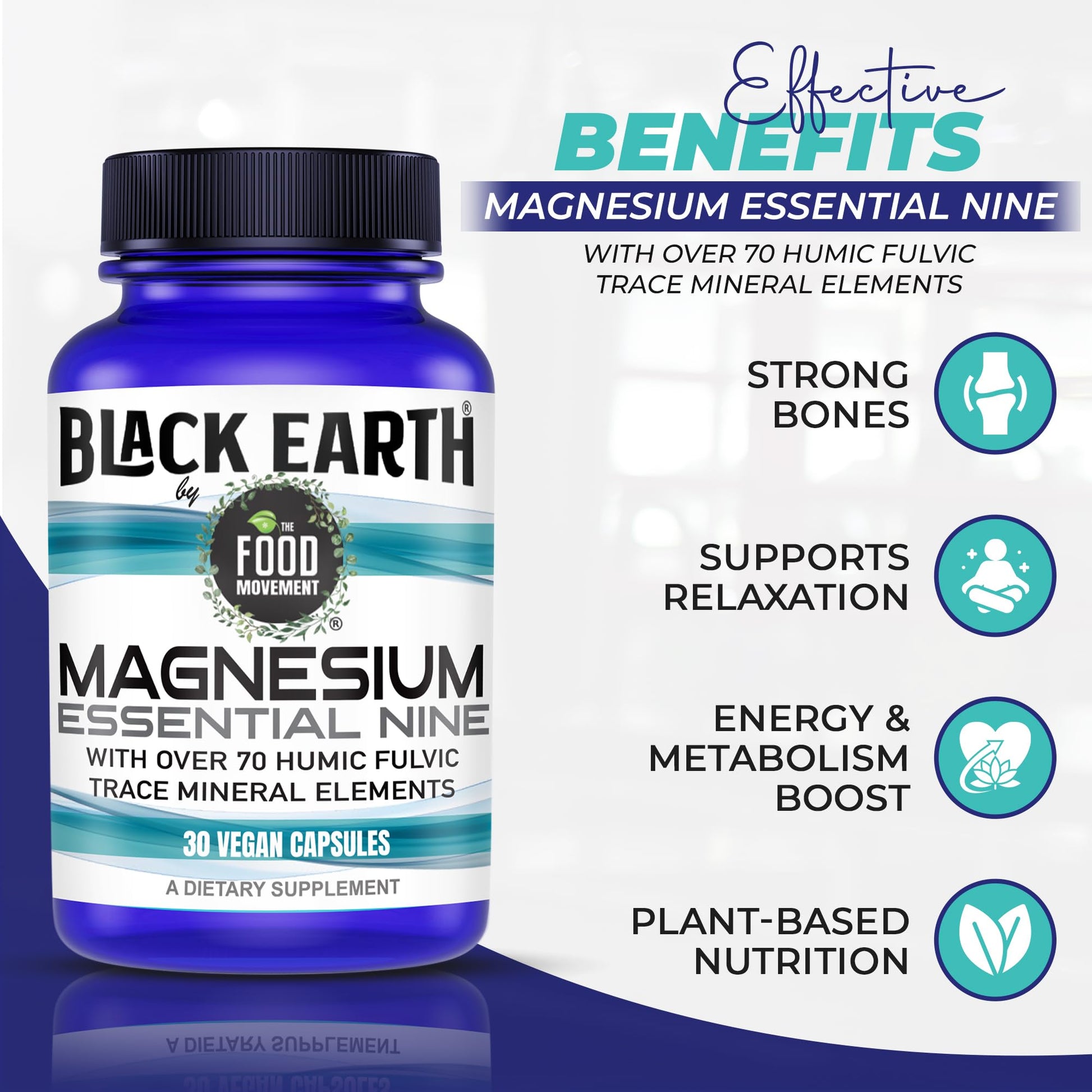 The Food Movement Co. Black Earth Magnesium Essential Nine - Vegan Capsules with Magnesium Glycinate, Citrate, Malate and More - 9 Bioactive Forms for Optimal Health (30 Count) THE FOOD MOVEMENT CO. buy supplements Au