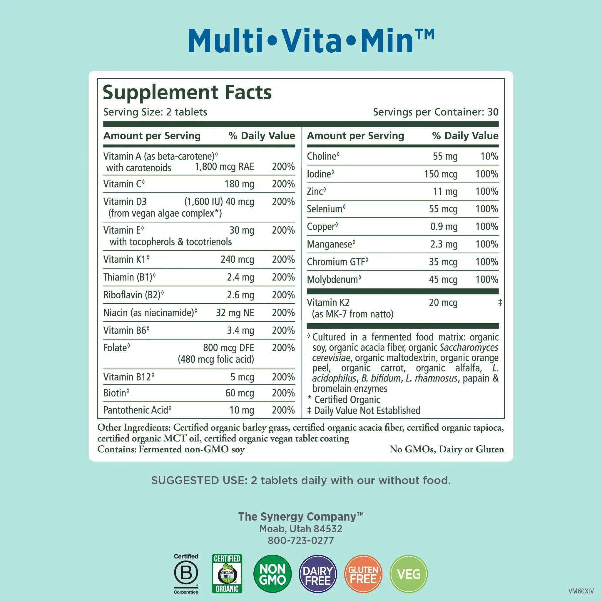 PURE SYNERGY Multi·Vita·Min | Vegan Multivitamin Made with Organic Whole Foods | Twice Daily Supplement for Men and Women PURE SYNERGY