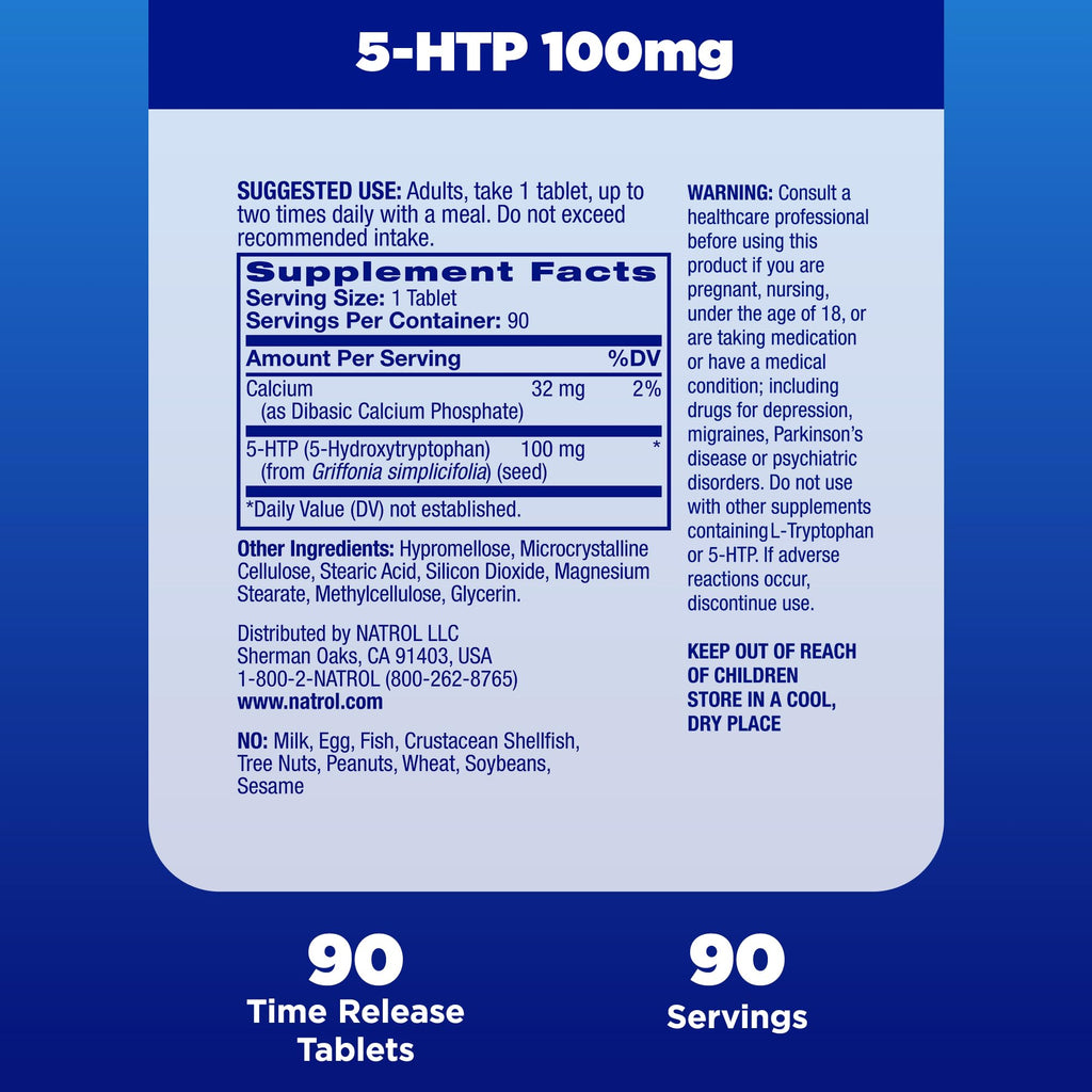 Natrol 5-HTP 100mg, Dietary Supplement Helps Support a Balanced Mood, Mood and Stress Support Supplement, 90 Time Release Tablets, 45-90 Day Supply