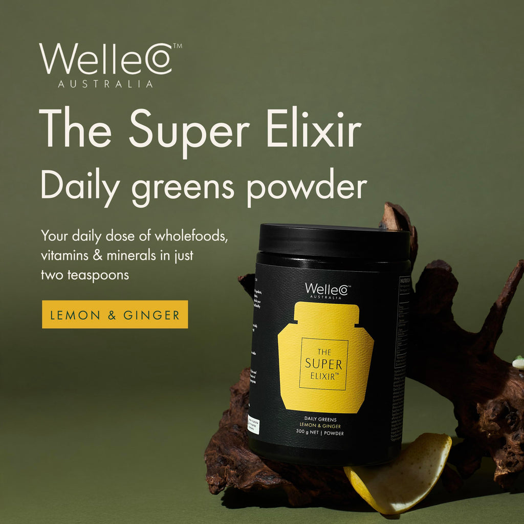 WelleCo The Super Elixir Daily Greens Powder, Probiotic Drink Mix with Whole Foods, Gluten Free, Vegan Gut Health Powder, Energy, Immunity, Healthy Skin, Hair & Nails (300g, Lemon Ginger) WelleCo buy supplements Au
