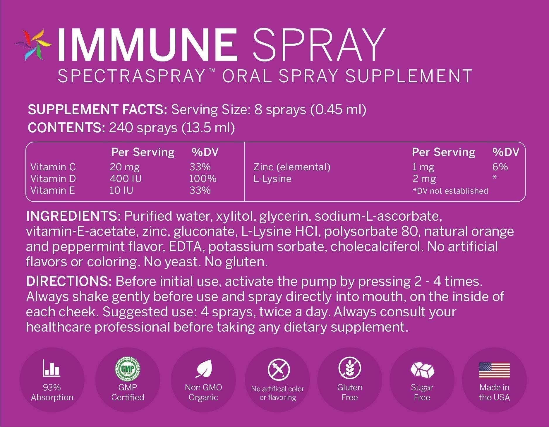 Spectraspray Immune Support Vitamin Spray - Vitamins C, E, Zinc and L-Lysine, 30 Day Supply per Spray Spectraspray buy supplements Au