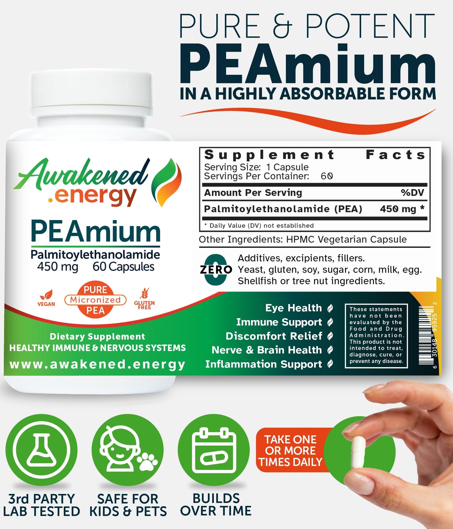 Palmitoylethanolamide 450mg Comfort Mobility Nerves Cognitive & Immune Support - Micronized High Absorption - All Natural Pea - USA Made - No Additives or Excipients – 60 Vegan Capsules Supplement Awakened.energyBuy Supplements Australia
