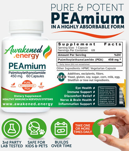 Palmitoylethanolamide 450mg Comfort Mobility Nerves Cognitive & Immune Support - Micronized High Absorption - All Natural Pea - USA Made - No Additives or Excipients – 60 Vegan Capsules Supplement Awakened.energyBuy Supplements Australia