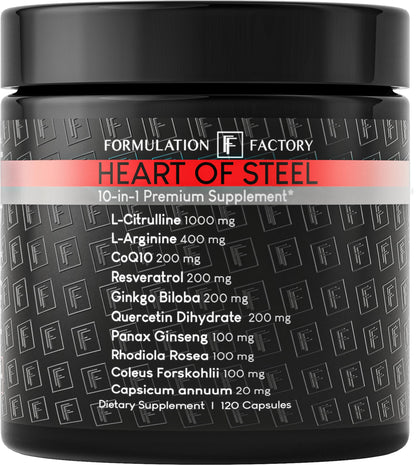 Formulation Factory Heart of Steel - L-Citrulline 1000mg with L-Arginine, CoQ10, Resveratrol, Ginkgo Biloba, Quercetin, Ginseng & Rhodiola