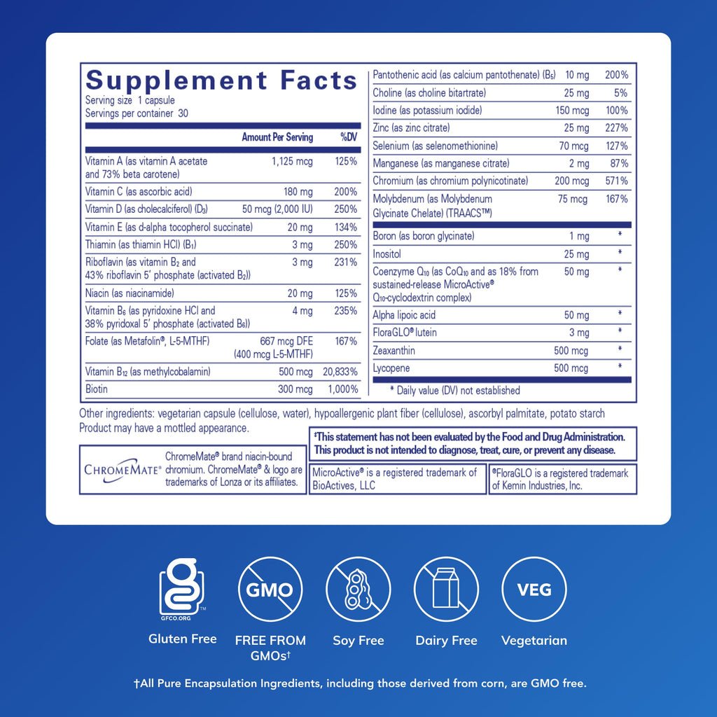Pure Encapsulations O.N.E. Multivitamin - Once Daily Multivitamin with Antioxidant Complex Metafolin, CoQ10, and Lutein to Support Vision, Cognitive Function, and Cellular Health* - 30 Capsules Pure EncapsulationsBuy Supplements Australia