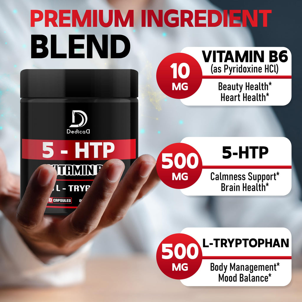DEDICAD 5 HTP Supplement 1010mg - 60 Capsules - 3in1 Combined with Vitamin B6, L-Tryptophan - Comfortable Mood, Brain Health, Body Management & Immune System Support DEDICAD buy supplements Au