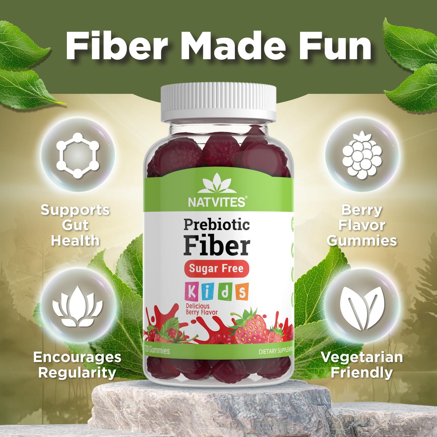 Natvites Prebiotic Kids Fiber Gummies, for Children Ages 2 & Up - Sugar Free Vegetarian Gelatin Free Non-GMO, Kids Fiber Supplements