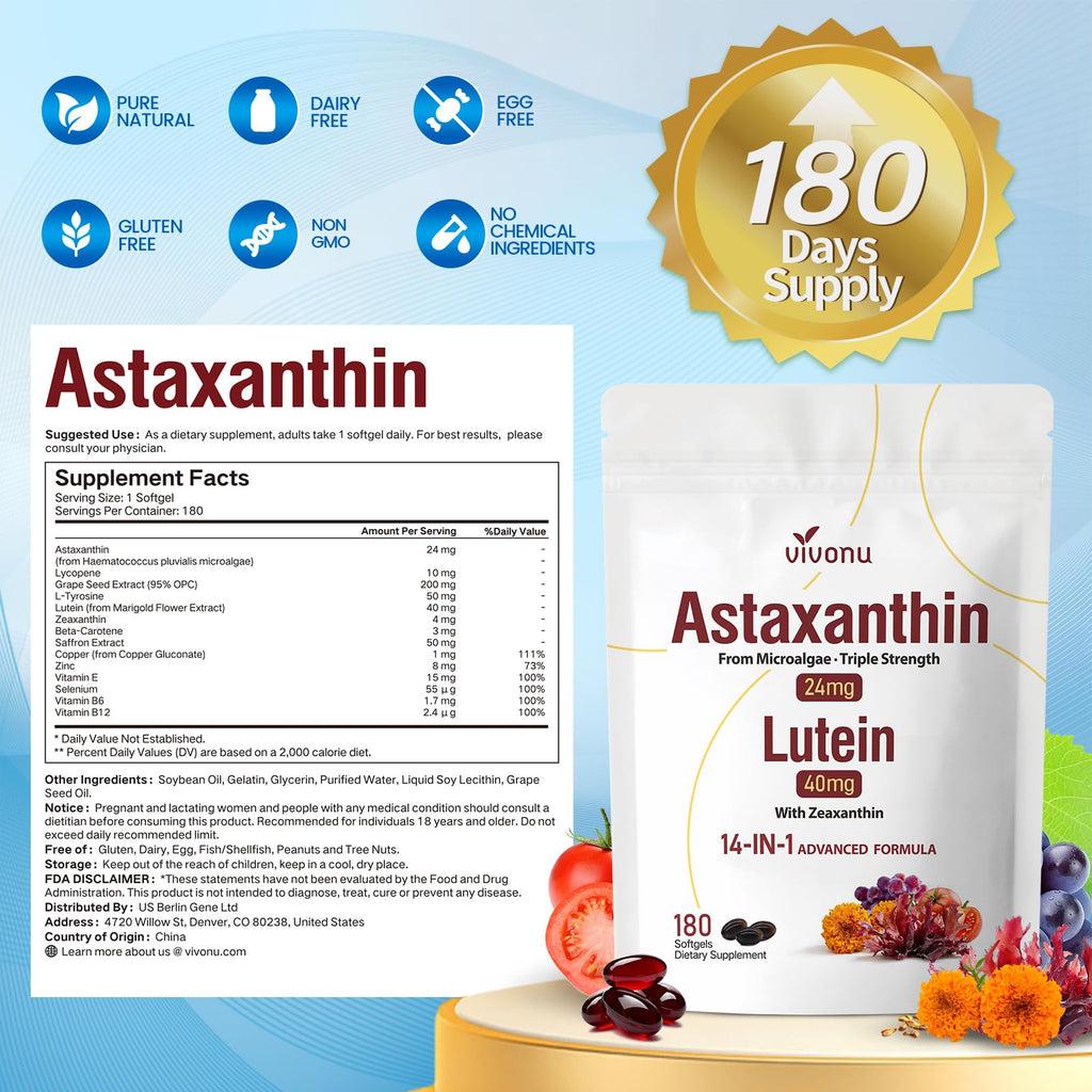 VivoNu 14-in-1 Astaxanthin 24mg & Lutein 40mg with Zeaxanthin Supplements, 6 Month Supply, Fresh Microalgae Source, Gluten Free Non-GMO, Supports Eye