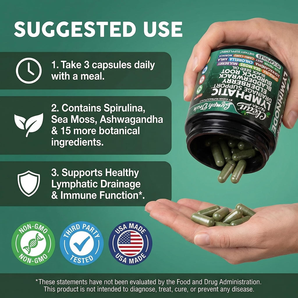 Organic Lymphatic Drainage Supplements | Elderberry Bladderwrack Burdock Root Black Seed Oil Spirulina Sea Moss Ashwagandha Chlorella Amla Beet Moringa Chlorophyll Lymph System Capsules By Clean Nutra Clean Nutraceuticals buy supplements Au