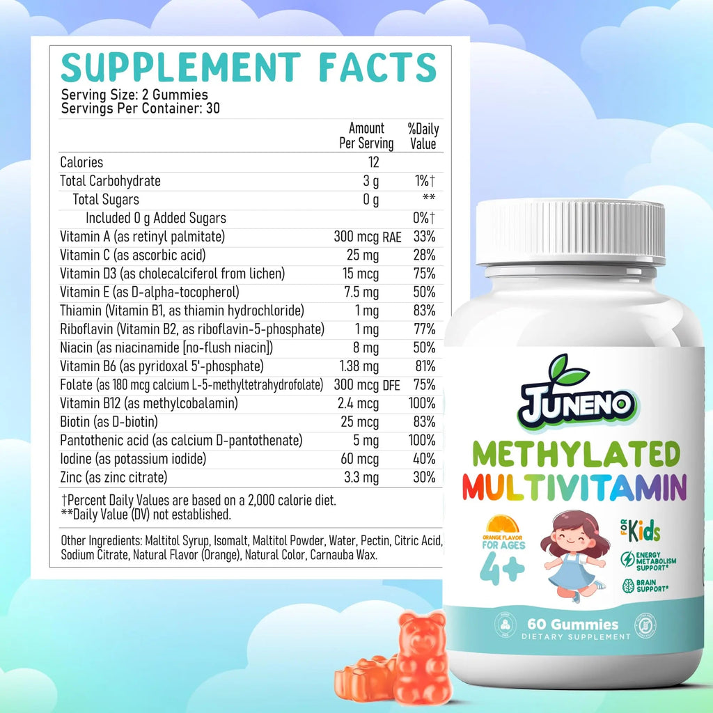 Juneno Methylated Multivitamin Gummies for Kids - MTHFR Support Supplement with B Complex 5-MTHF Folate (L-Methylfolate) Juneno