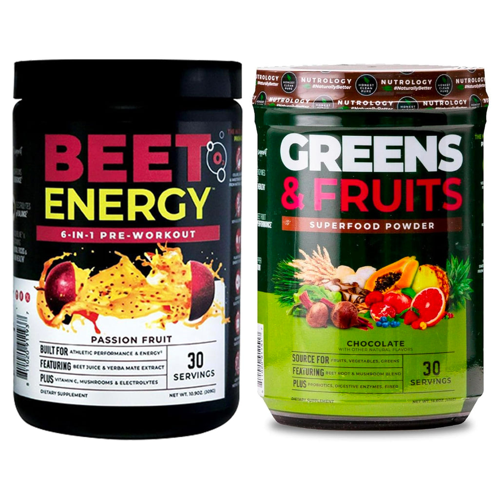Two supplement containers labeled 'Beet Energy' and 'Greens & Fruits' on a white background.