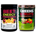 Two supplement containers labeled 'Beet Energy' and 'Greens & Fruits' on a white background.