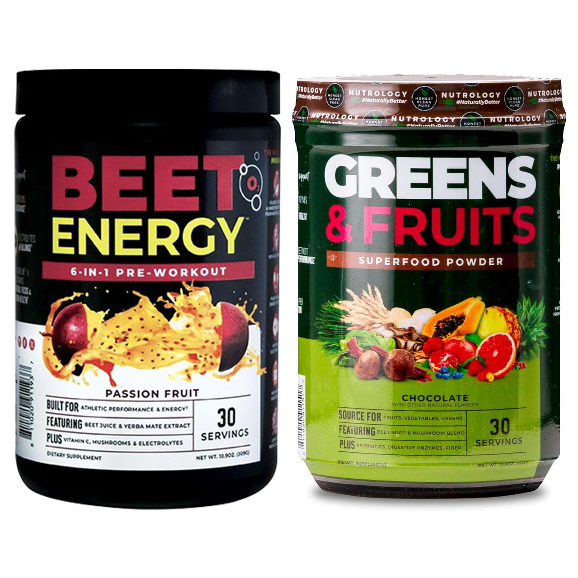 Two supplement containers labeled 'Beet Energy' and 'Greens & Fruits' on a white background.