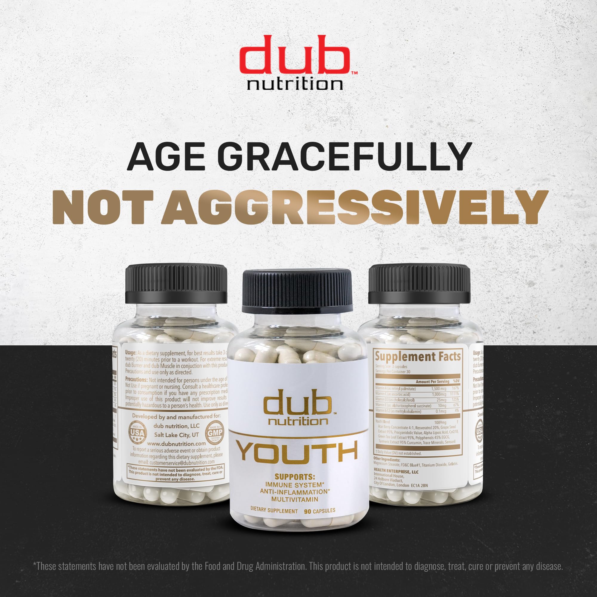 Dub Nutrition Youth - Formula with Acai, Resveratrol, Curcumin, Vitamins A, C, D, E, B12, and CoQ10 - Supports Immunity and Mobility - 90 Capsules Dub Nutrition buy supplements Au