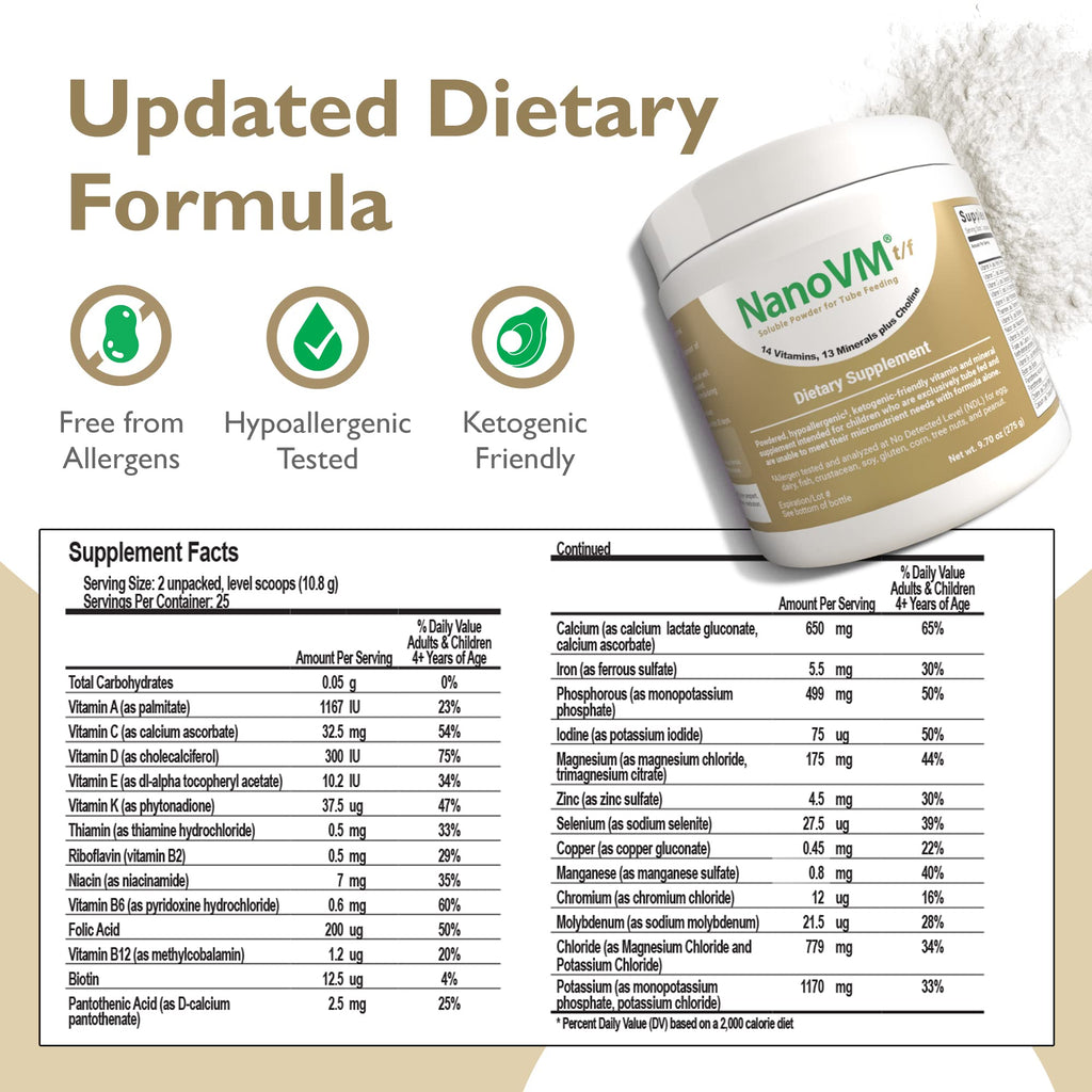 NanoVM t/f, Dietary Supplement for Tube Feeding, Allergen-Free Kids Multivitamin, Unflavored Vitamin Powder with 14 Vitamins & 13 Minerals, Low-Carb Kids Vitamins, 275g - Solace Nutrition NanoVMBuy Supplements Australia