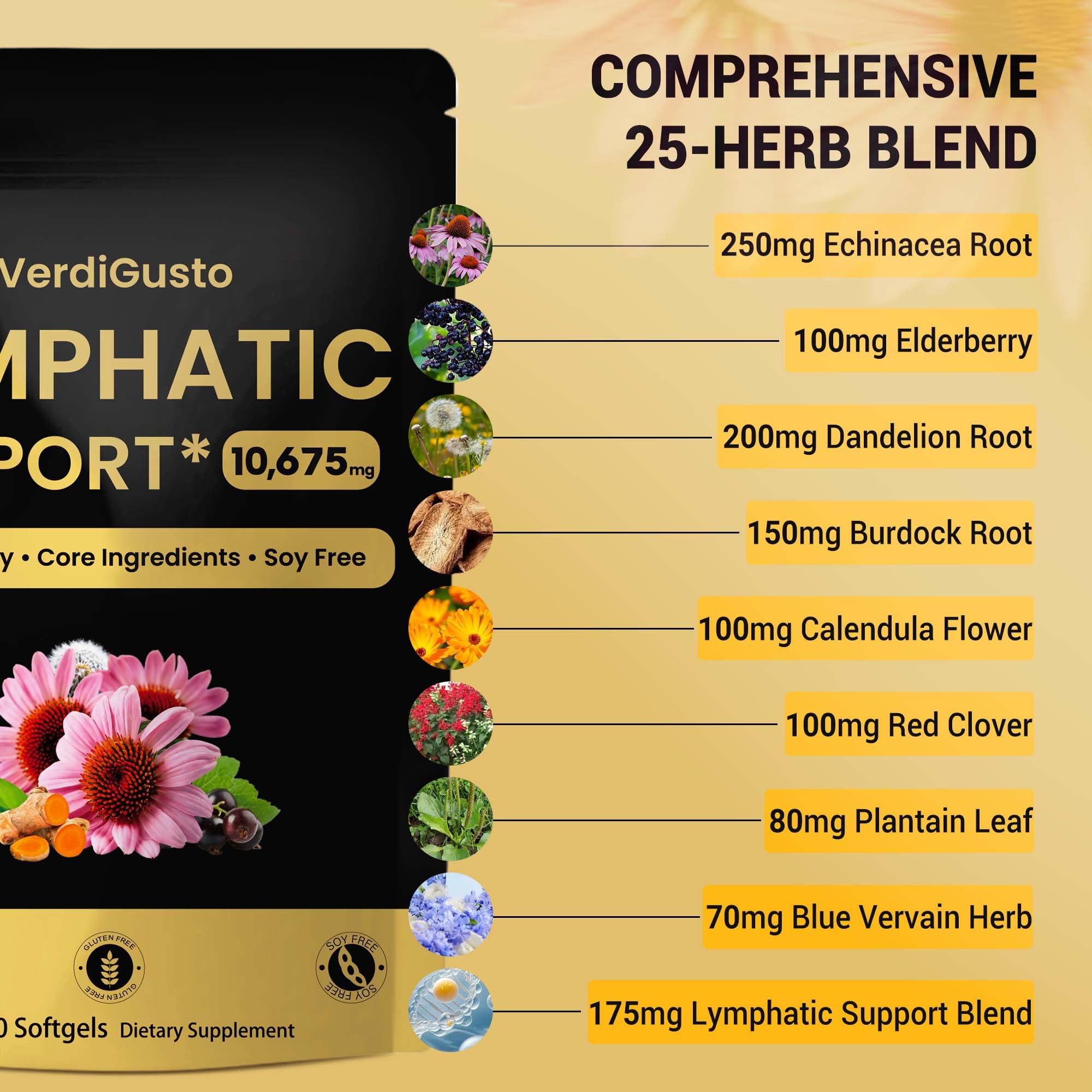 VerdiGusto 10,675mg Lymphatic Supplement | 25-in-1 Blend with Echinacea, Elderberry, Dandelion | 240 Softgels, 80 Day Supply | Lymph System Support | Soy Free, Non-GMO, Gluten Free VerdiGusto buy supplements Au