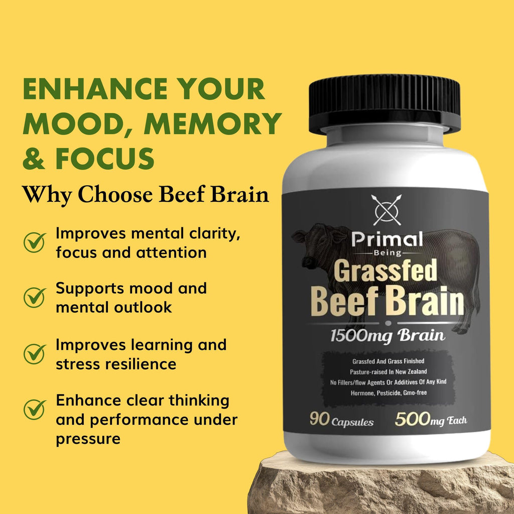 Primal Being Grassfed Beef Brain, Supports Memory, Mood, Focus, Energy, Cognitive Health - 90 Capsules, 1500mg per Serving Primal BeingBuy Supplements Australia