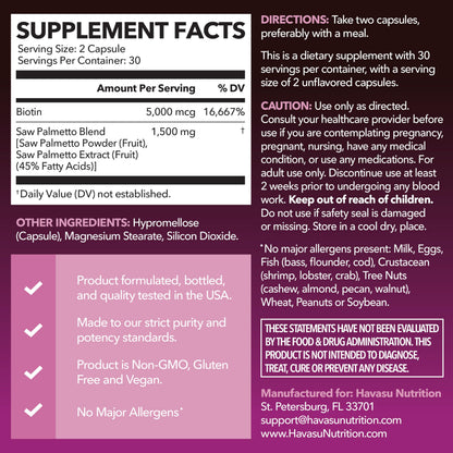 Saw Palmetto for Women with Biotin 5000mcg - Powerful DHT Blocker to Support Hair, Skin, and Nail Health - 60 Count - Vegan, Non-GMO Vitamin for Stronger,