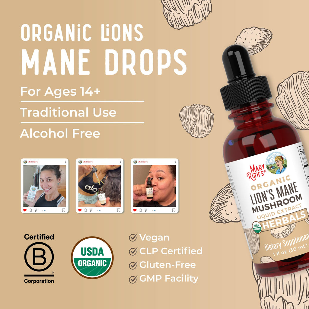 MaryRuth Organics Lions Mane Mushroom Supplement, Up to 1 Month Supply, Nootropic USDA Organic Lions Mane Extract Nervine Herbal Liquid Drops, Brain Health Non-GMO