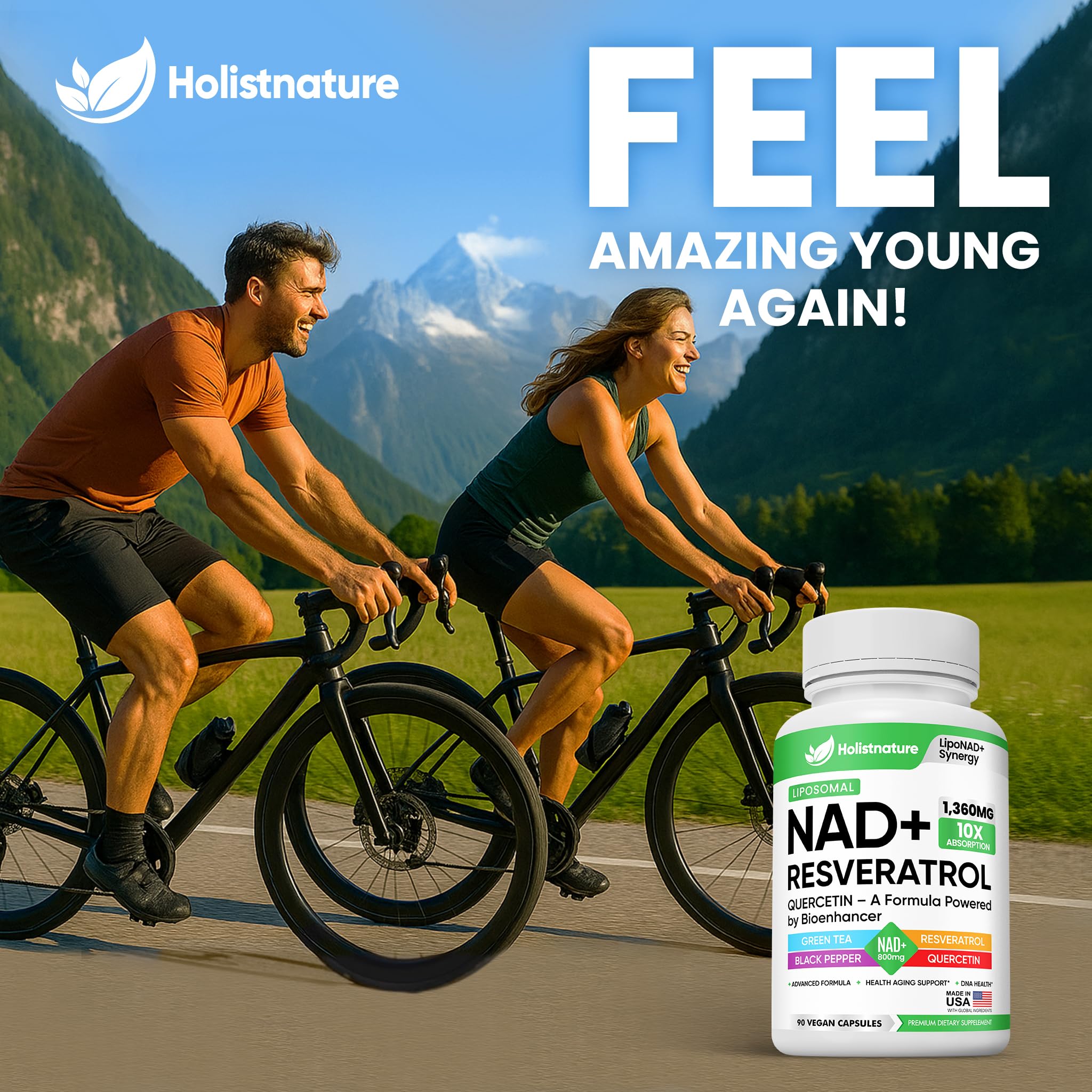 NAD+ Supplement, 1,360mg Max Strength Liposomal | Resveratrol, Quercetin, Green Tea | Cellular Energy & Healthy Aging for Men & Women | 800mg of 100% High Purity NAD+ for Energy, Focus - 90 Capsules HolistnatureBuy Supplements Australia