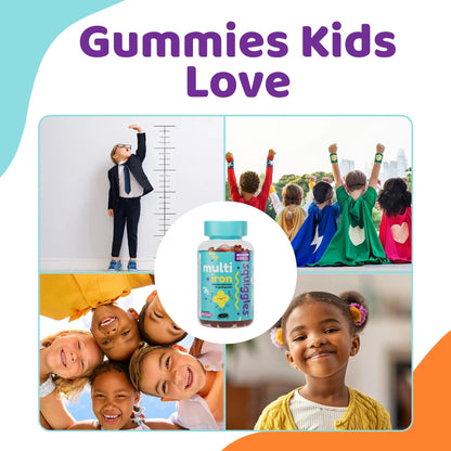 Squiggles Kids Multivitamin + Iron Gummies - Low Sugar Gummy Vitamins with Iron Supplements for Kids Squiggles