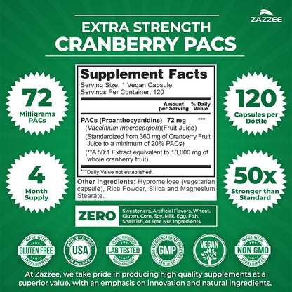 Zazzee Cranberry PACs 72 mg per Capsule, 50:1 Extract, 120 Vegan Capsules, 2X Strength, 4 Month Supply, Fast-Acting, Effective Urinary Tract & Bladder Support
