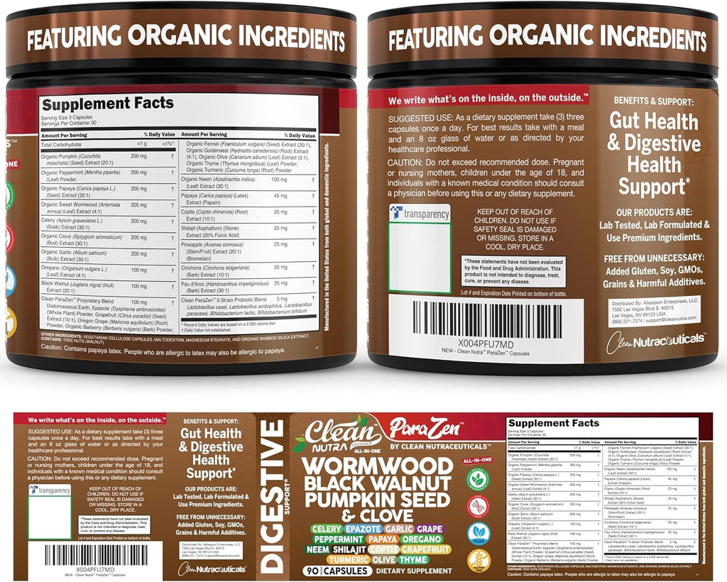 Clean Nutra Wormwood Black Walnut Pumpkin Seed Clove Oil Celery Garlic Grape Papaya Neem Diatomaceous Earth Womens Probiotic Gut Health Cleanse Detox Oregano