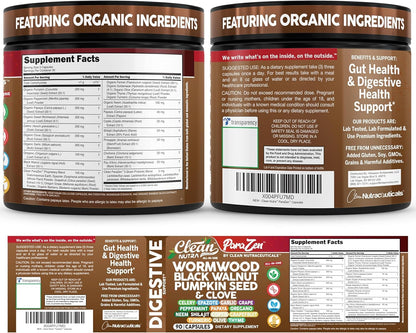Clean Nutra Wormwood Black Walnut Pumpkin Seed Clove Oil Celery Garlic Grape Papaya Neem Diatomaceous Earth Womens Probiotic Gut Health Cleanse Detox Oregano