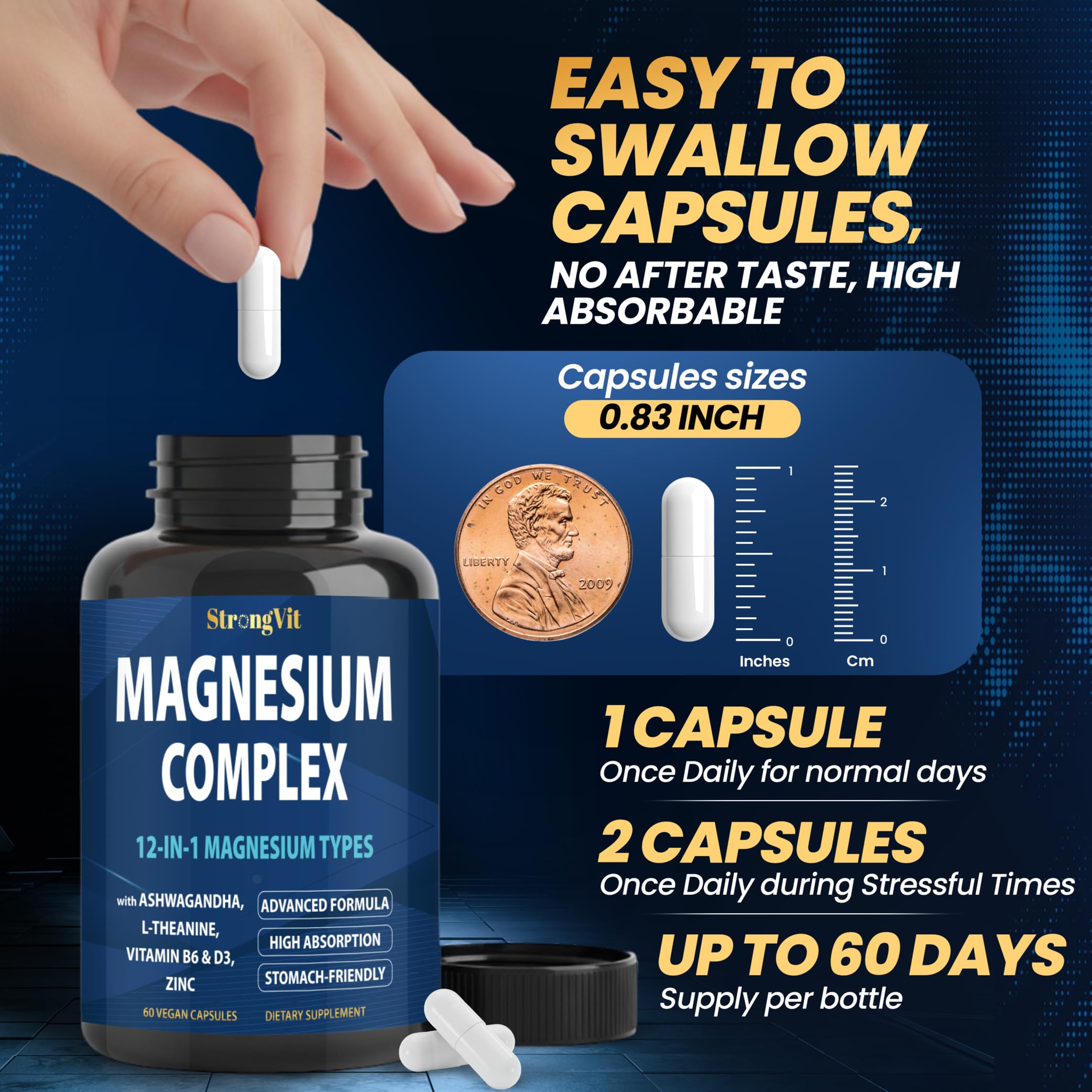 1000mg Magnesium Complex for Women and Men, 12 in 1 Magnesium Supplement with Ashwagandha, Zinc, D3, L-theanine. Easy to Swallow, High Absorption, Sleep Support & Stress Relief (60 Capsules) StrongVit buy supplements Au