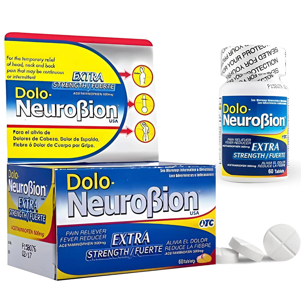 Dolo Neurobion Pain Reliever, Fever Reducer, Extra Strength. Alivia el Dolor,Reduce la Fiebre, Extra Fuerte. 60 Tablets. Acetaminophen 500 mg NeurobionBuy Supplements Australia