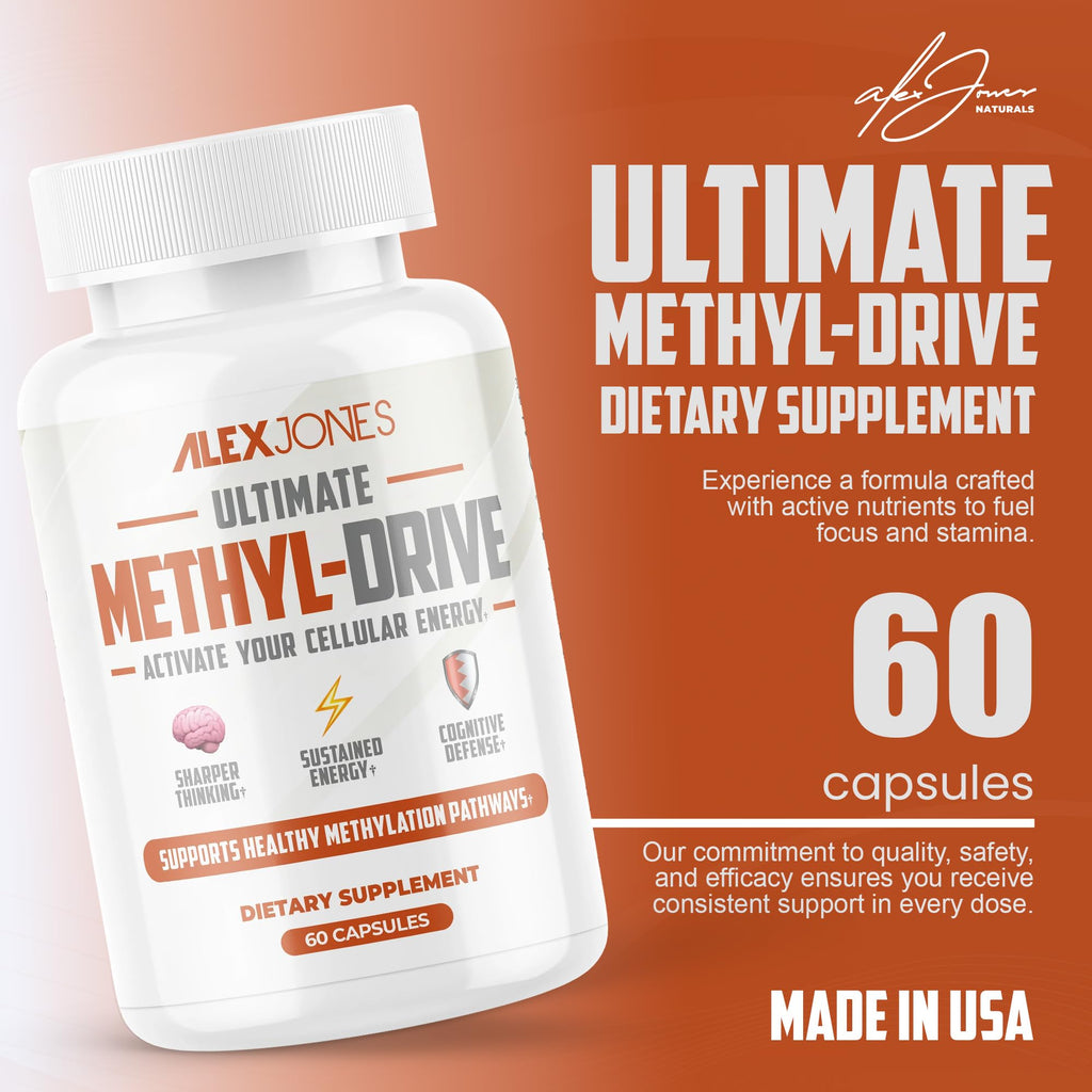 Alex Jones Naturals Methyl Drive Vitamin B Methylated Complex Formula – Mitochondrial Support Supplement w/ CoQ10, PQQ Supplement, Magnesium, B Methylated Complex & BioPerine – 60 Capsules Alex Jones NaturalsBuy Supplements Australia