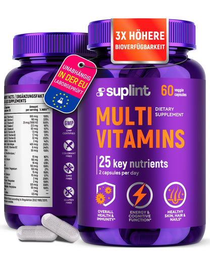 Two purple bottles of Suplint Multi Vitamins on a white background
