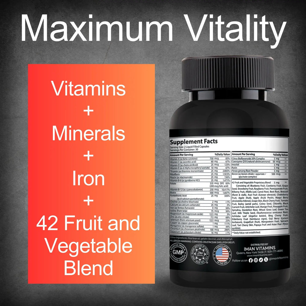 Iman Vitamins Halal Complete Multivitamin Capsules for Adults Men & Women | 42 Fruit & Vegetable Blend Iman Vitamins