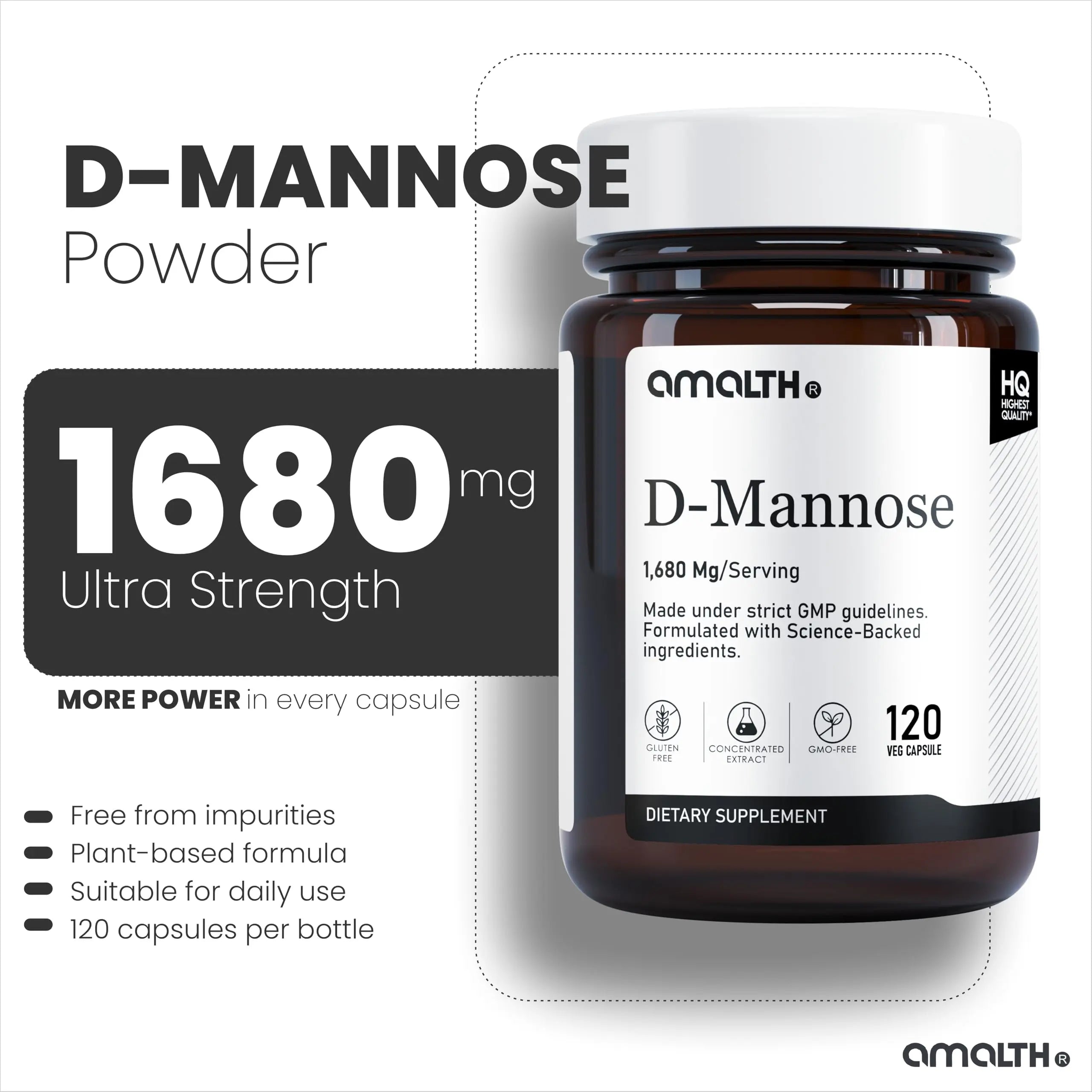 AMALTH D-Mannose Capsules 1680 mg per Serving, 120 Vegan Capsules, Pure Single Ingredient Mannose Supplement, Urinary Tract Support, UTI Wellness Support, Non GMO, Gluten Free AMALTHBuy Supplements Australia